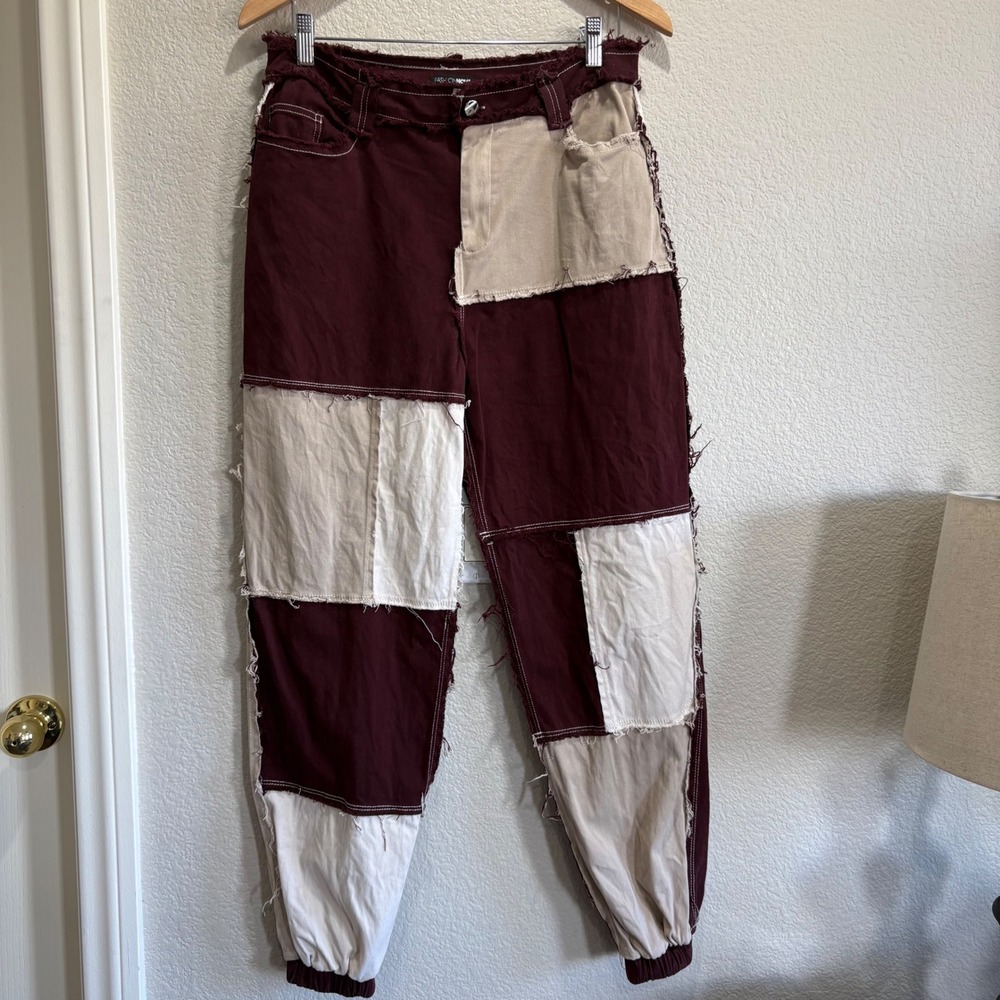 Fashion Nova Burgundy Tan Patchwork Distressed Joggers Size L Bohemian Y2K